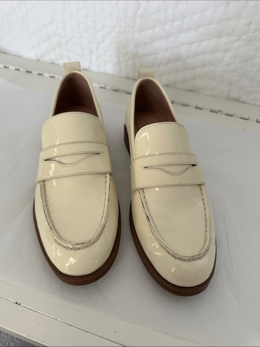 Cole Haan Cream Patent Leather Penny Loafers